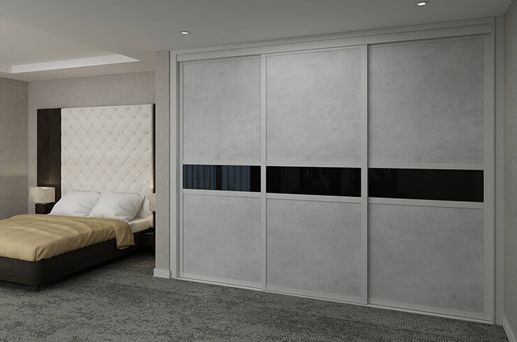 Shaker Light Grey Frame with Light Concrete Panels and Black Glass